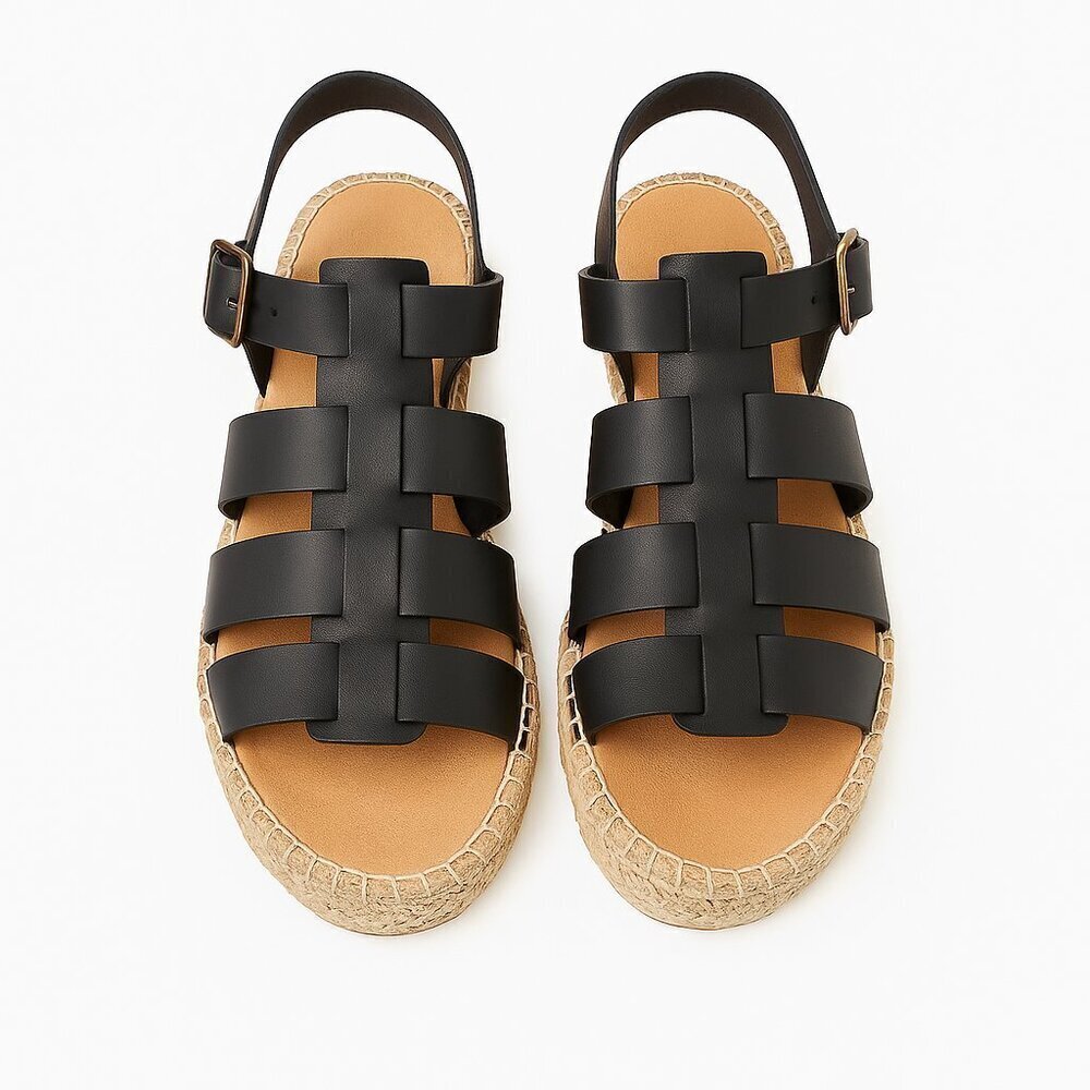 Barbour Paloma Fisherman Espadrille Sandals Black Leather Size 39 / 8.5 NEW